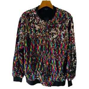 Cresay Sequin Bomber Jacket Size XL Multicolor 80s Disco Glam Festival Style